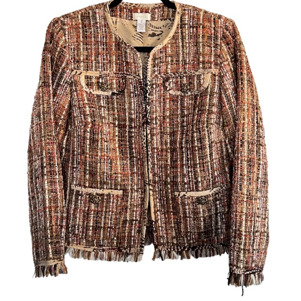 Chico’s Tan and Warm Multicolored Tweed Jacket Women’s Size 1
